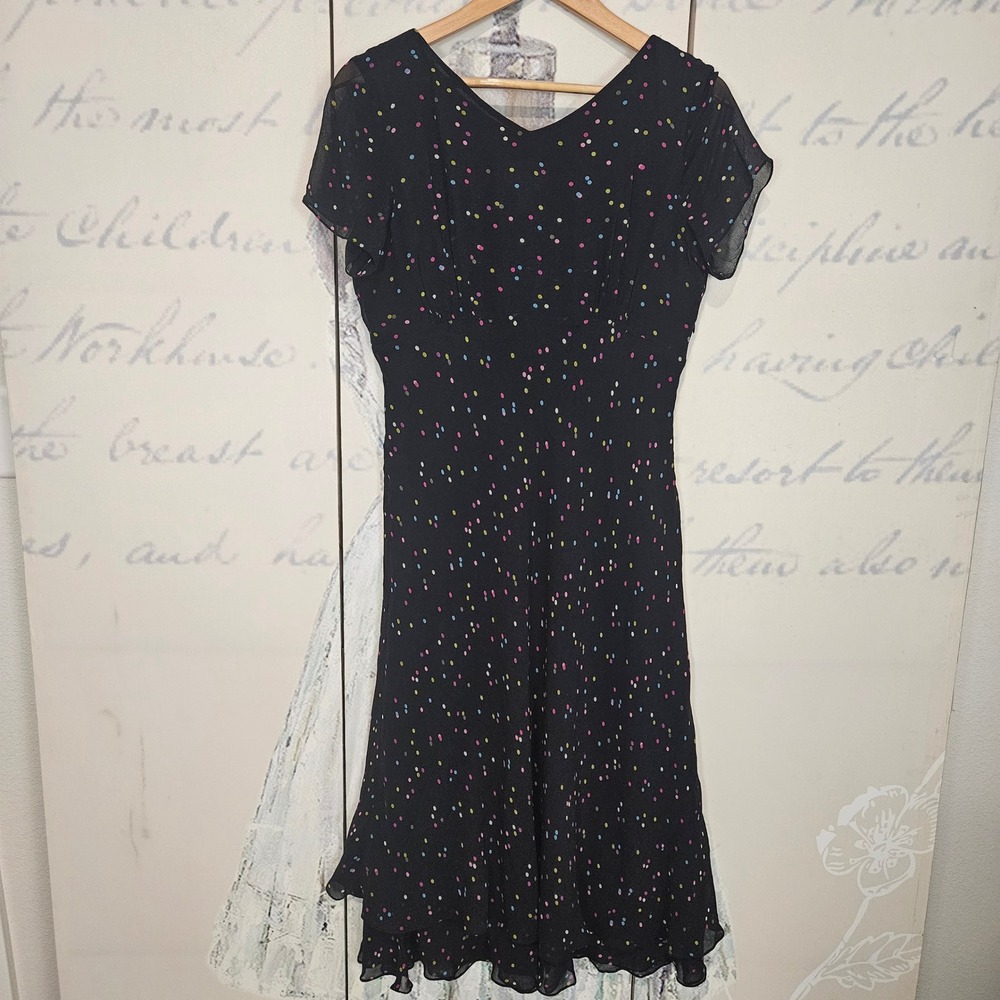 Talbots Petites Black Pure Silk Confetti Polka Dot V-Neck Empire Midi Dress 10P - Picture 2 of 10